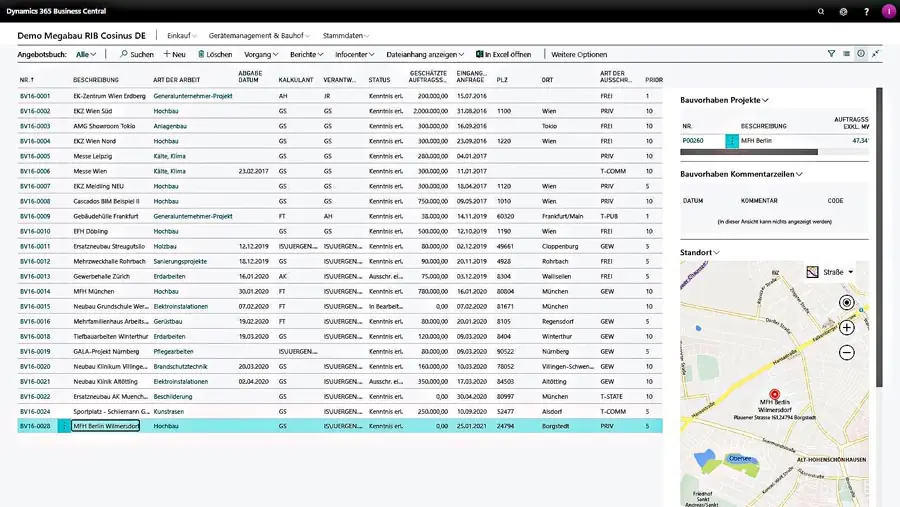 ERP-Bausoftware Megabau Angebotsbuch in Microsoft Dynamics 365 Business Central für die Baubranche