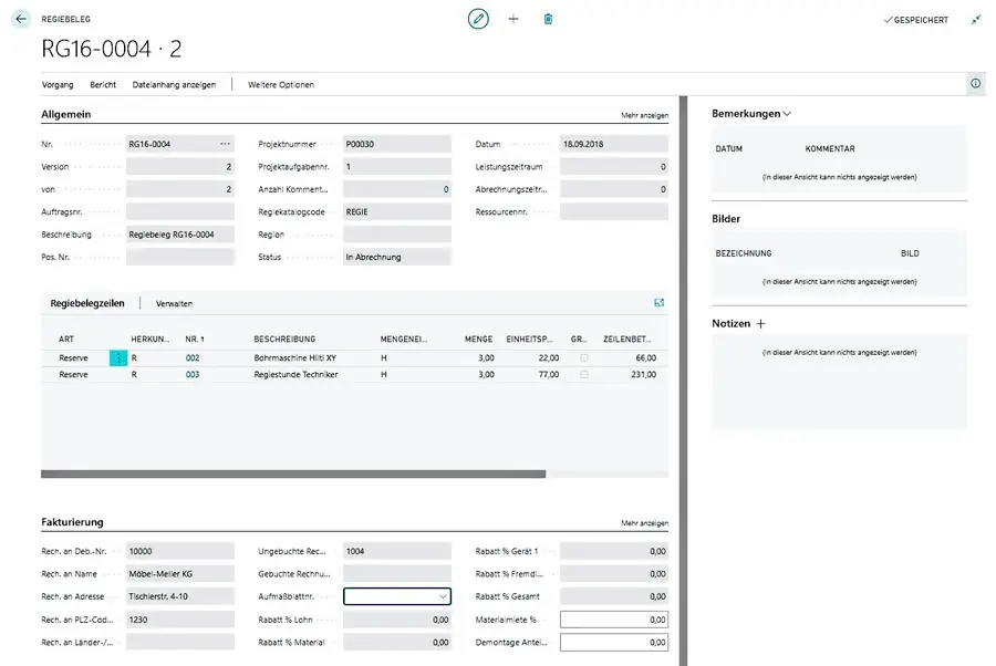 ERP-Bausoftware Megabau Regieabwicklung für Kalkulation in Microsoft Dynamics 365 Business Central