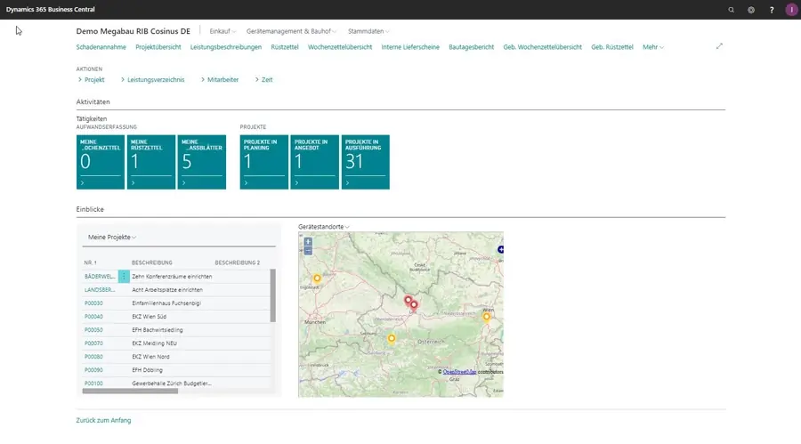 ERP-Bausoftware Megabau Rollencenter in Microsoft Dynamics 365 Business Central