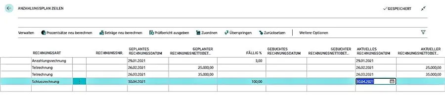ERP-Bausoftware Megabau Zahlungsplan Microsoft Dynamics 365 Business Central
