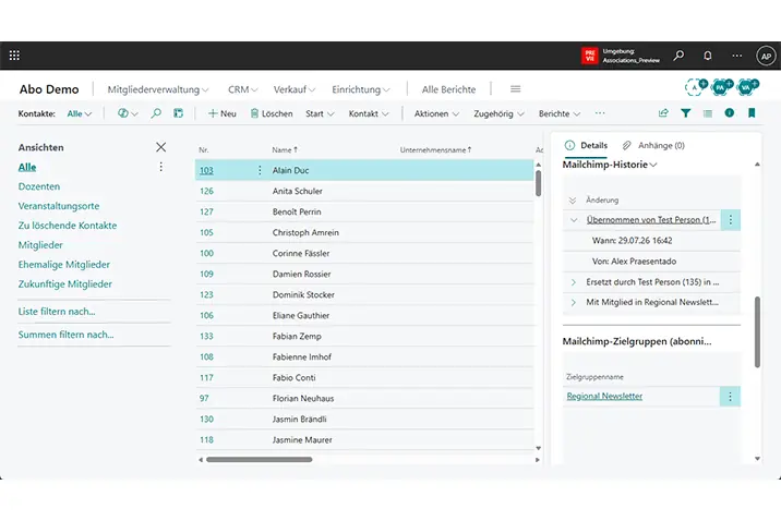 Mailchimp-Historie und abonnierte Zielgruppen in der Kontaktübersicht von Business Central