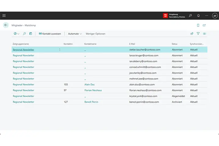 Liste der Mailchimp-Mitglieder mit Status und Aktion Kontakt zuweisen in Business Central