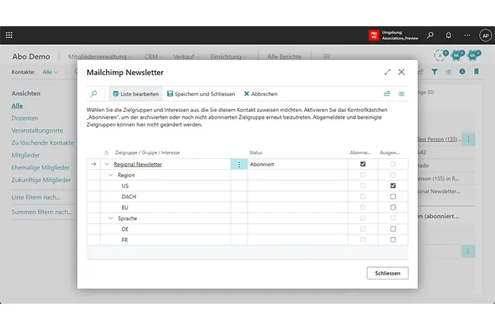 Mailchimp Newsletter Dialog mit Zielgruppen und Interessen in Business Central