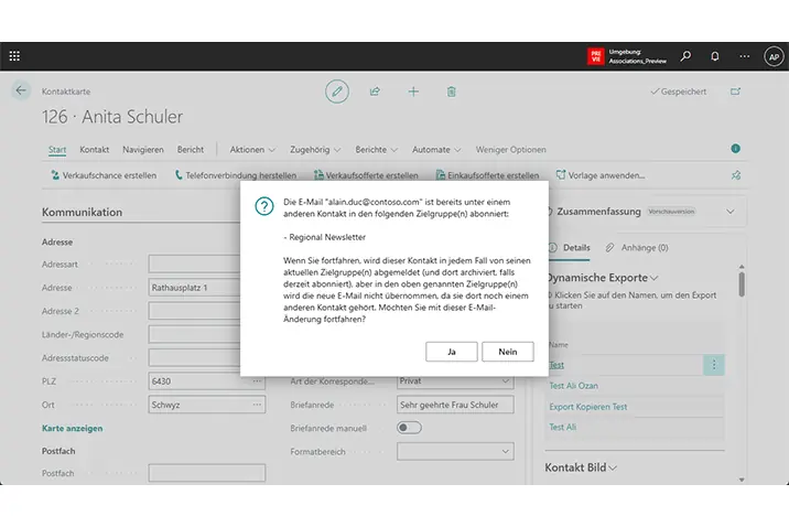 Rückfrage bei E-Mail-Änderung eines Kontakts mit bestehendem Mailchimp-Abonnement