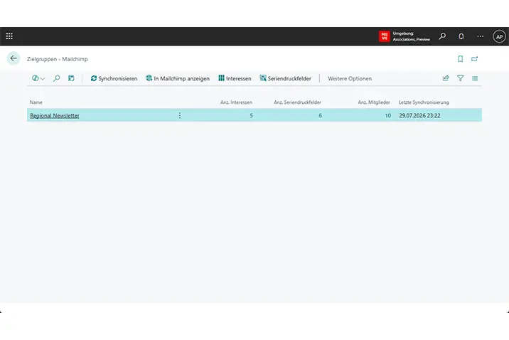 Übersicht der Mailchimp-Zielgruppen mit Interessen, Seriendruckfeldern und Mitgliedern in Business