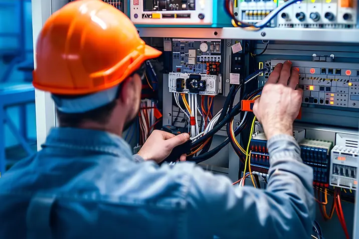Person arbeitet an der Verdrahtung eines geöffneten Elektroschranks