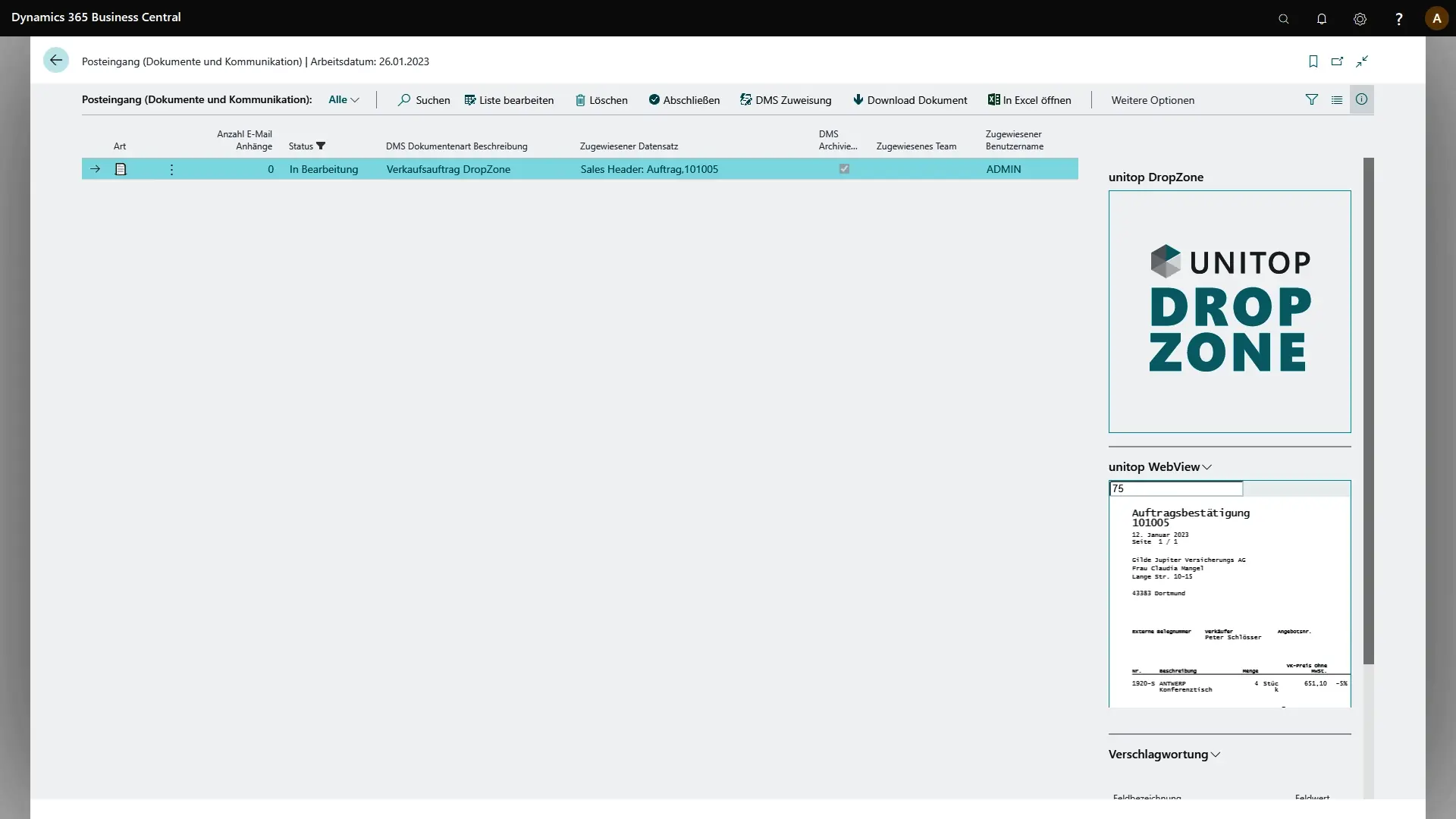 ERP Software Industrie Handel unitop DMS Posteingang