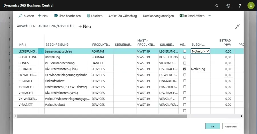 ERP Software Industrie unitop Metallnotierungen und Zuschläge