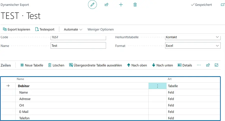 Dynamischer Export mit Tabellenstruktur und Feldern