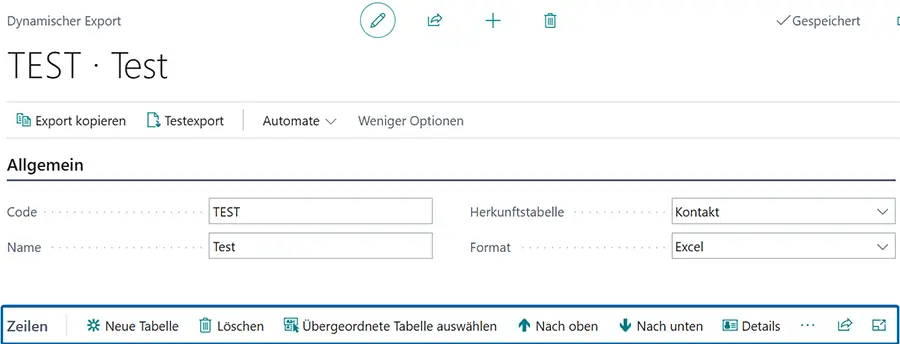 Aktionen im Bereich Zeilen eines Dynamischen Exports