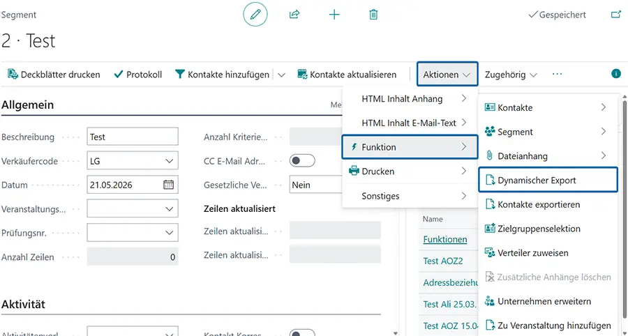 Segmentkarte mit Menüpfad zu ‚Dynamischer Export