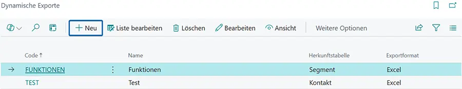 Übersicht der Dynamischen Exporte mit Neuerstellung