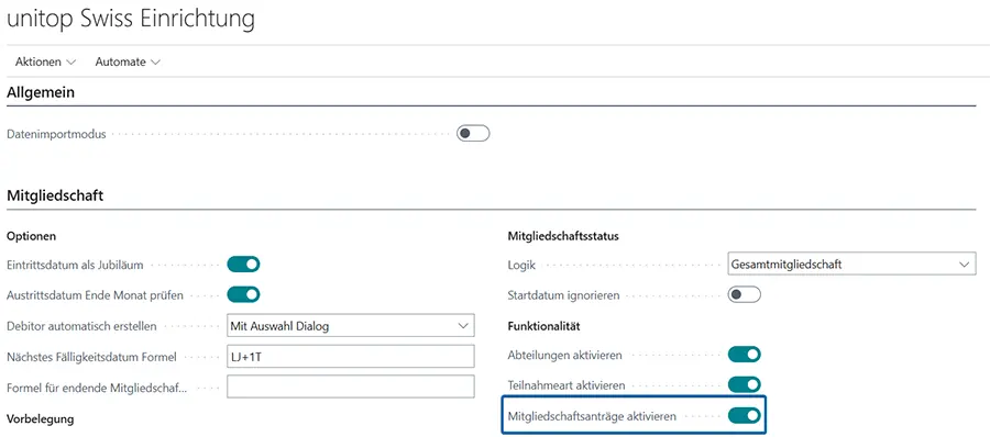 Aktivierung von Mitgliedschaftsanträgen in unitop Swiss