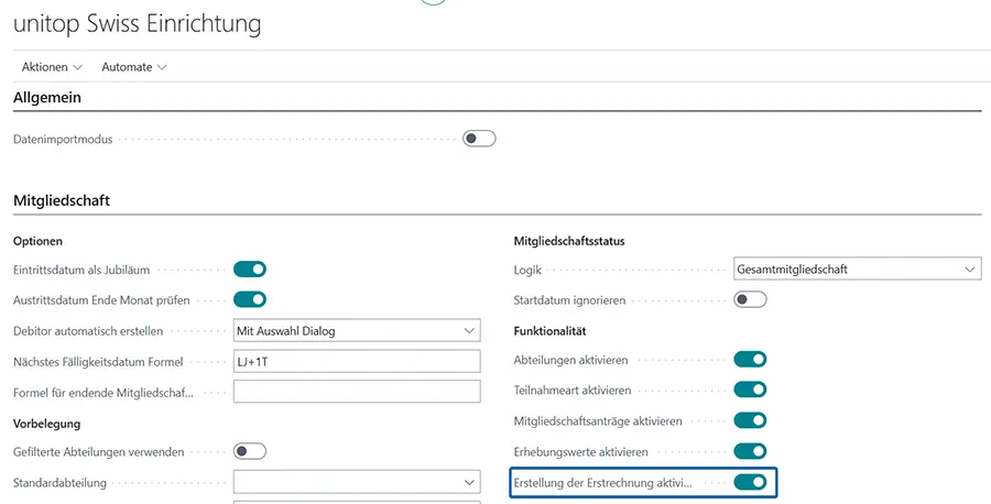 Aktivierung von Erhebungswerten in unitop Swiss