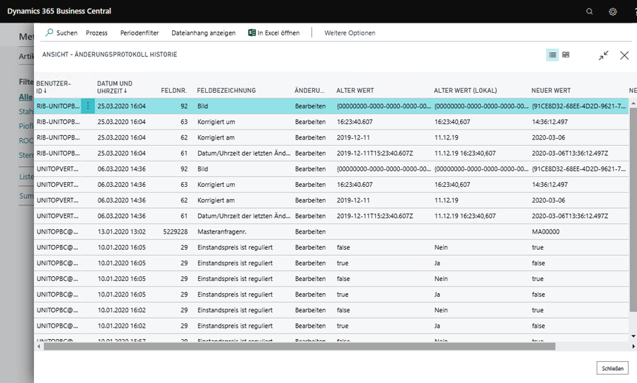 ERP Software Industrie unitop Änderungsprotokollierung